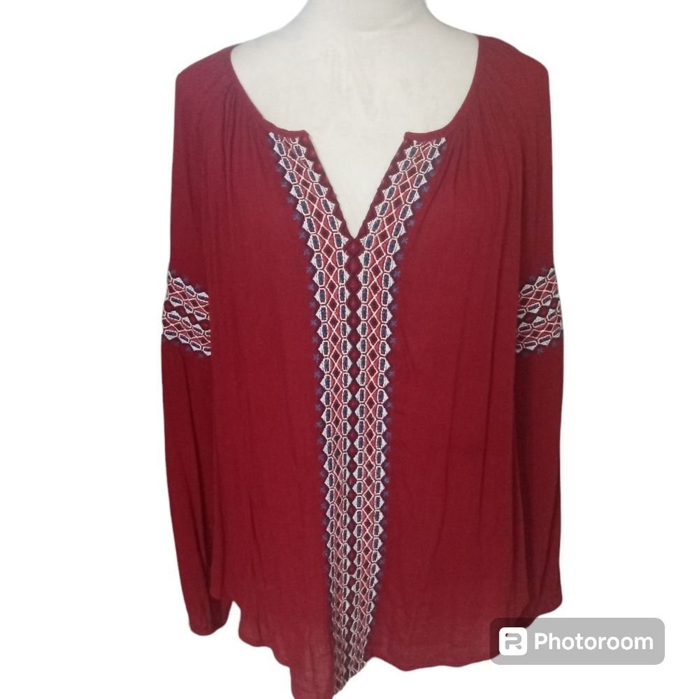 Lucky Brand Red White and Blue Boho Embroidered Peasant Top Size L